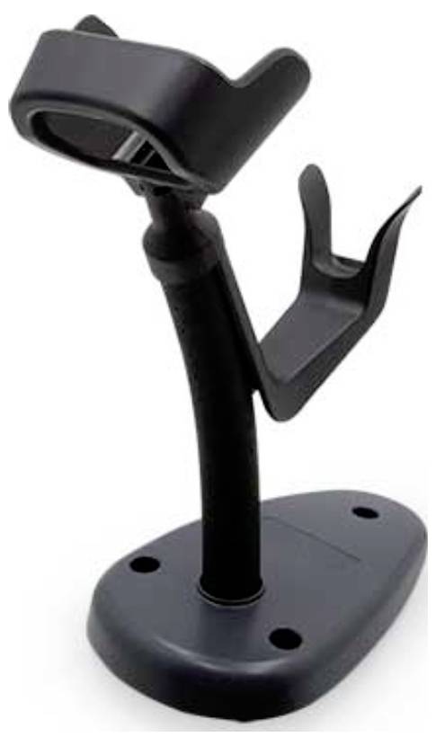 'Black barcode scanner stand with adjustable arm, elliptical base, and two holes for mounting.'