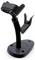 'Black barcode scanner stand with adjustable arm, elliptical base, and two holes for mounting.'