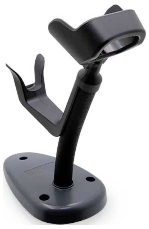 A black barcode scanner stand with a weighted base, adjustable arm, and cradle for securely holding a scanner.