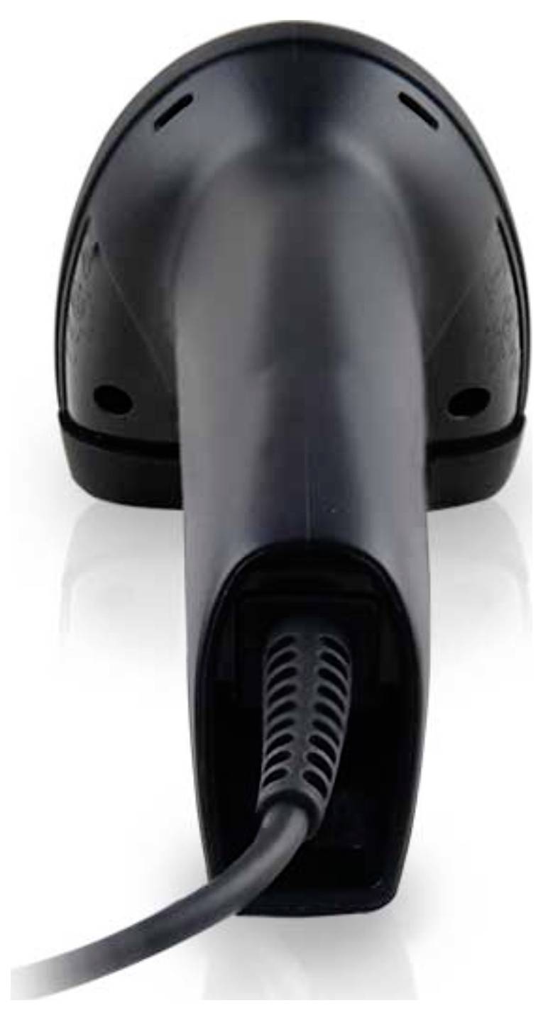 Barcode scanner with a black body, viewed from the front, showing the cord extending from the bottom, used for reading barcodes.