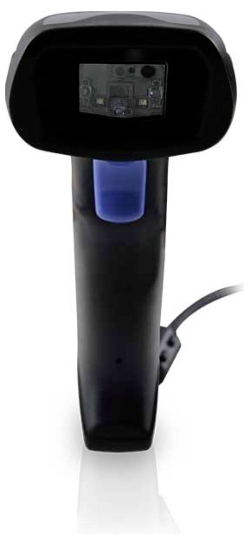 'A handheld barcode scanner with a cord, featuring a central scanning area and a blue accent. Suitable for retail or inventory use.'
