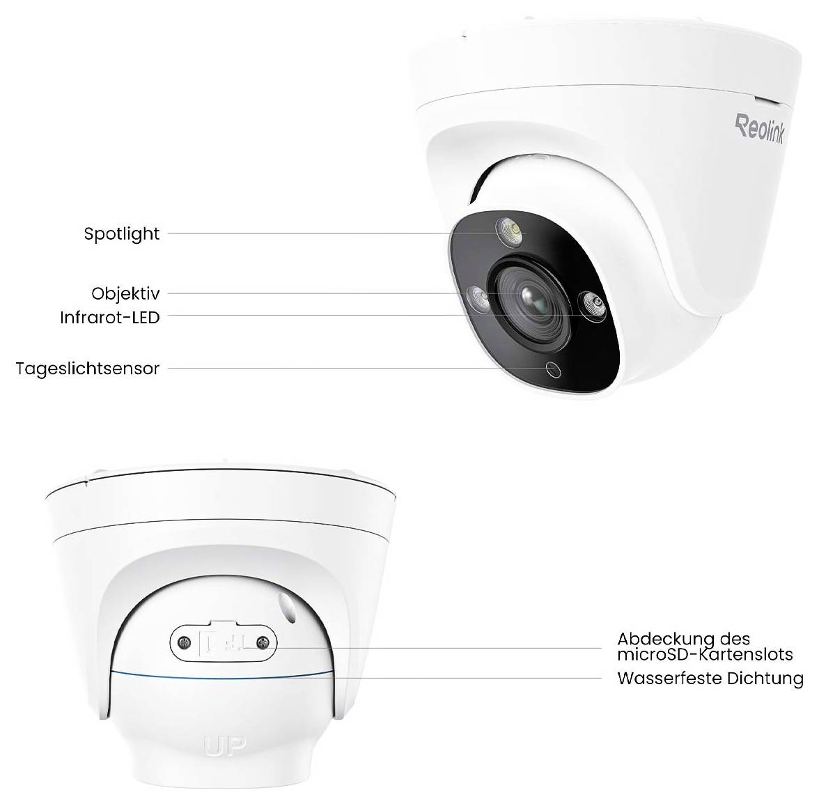 Surveillance camera with spotlight, lens, infrared LED, daylight sensor and waterproof cover for microSD card slot.
