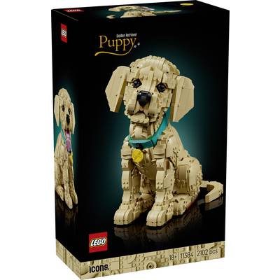 'Lego Icons Golden Retriever Puppy' box featuring a detailed model of a tan puppy with a teal collar, set for ages 18+, 2102 pieces.