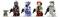 Five colorful LEGO minifigures, including a green alien and armored characters, standing in a row, each holding blasters.