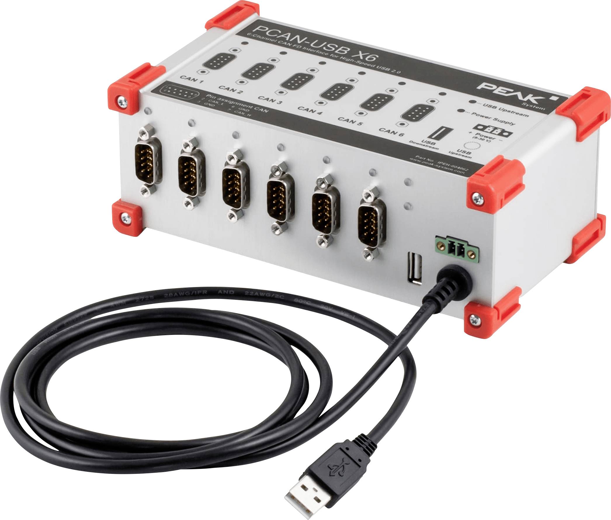 A white and gray PEAK PCAN-USB X6 device with six CAN ports and a USB cable, used for connecting and controlling multiple channels.