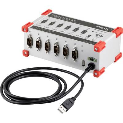 A white and gray PEAK PCAN-USB X6 device with six CAN ports and a USB cable, used for connecting and controlling multiple channels.