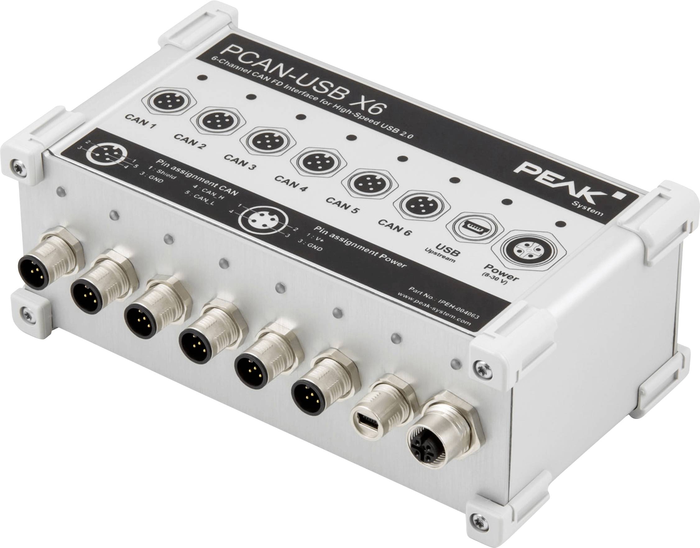 A rectangular electronic device labeled 'PCAN-USB X6' with six CAN ports and USB connections, used for connecting CAN interfaces to a computer.