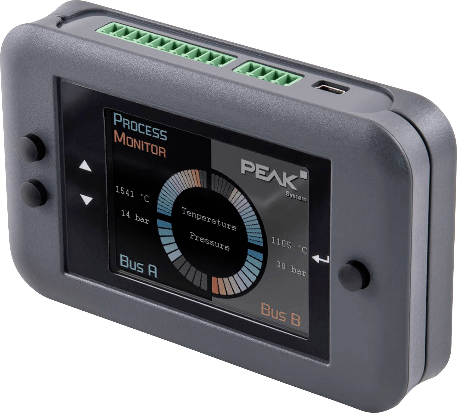 A digital device displaying temperature and pressure readings on a small screen. It indicates 'Process Monitor' with values 1541°C and 14 bar for Bus A, and 1105°C and 30 bar for Bus B.