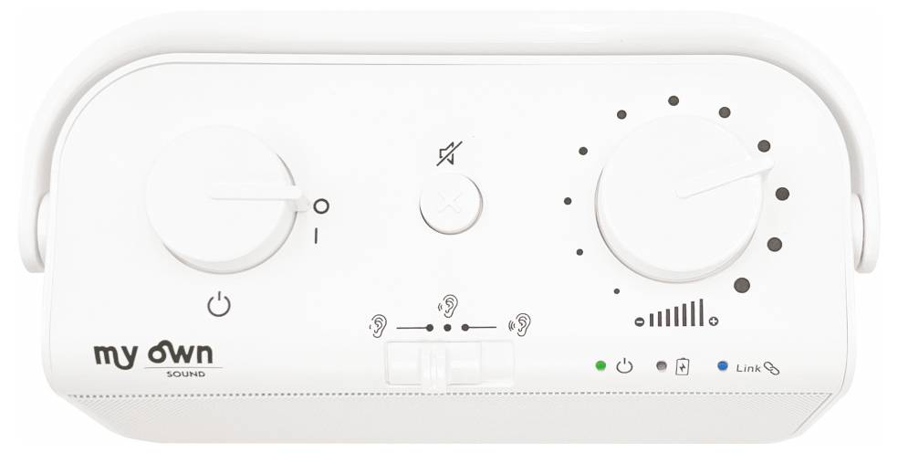 'White audio control device with knobs for power and volume, a mute button, bass and treble indicators, and logos on the front.'