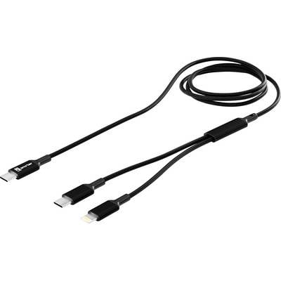 A black 3-in-1 charging cable with USB-C, Lightning, and Micro-USB connectors, suitable for multiple device types.