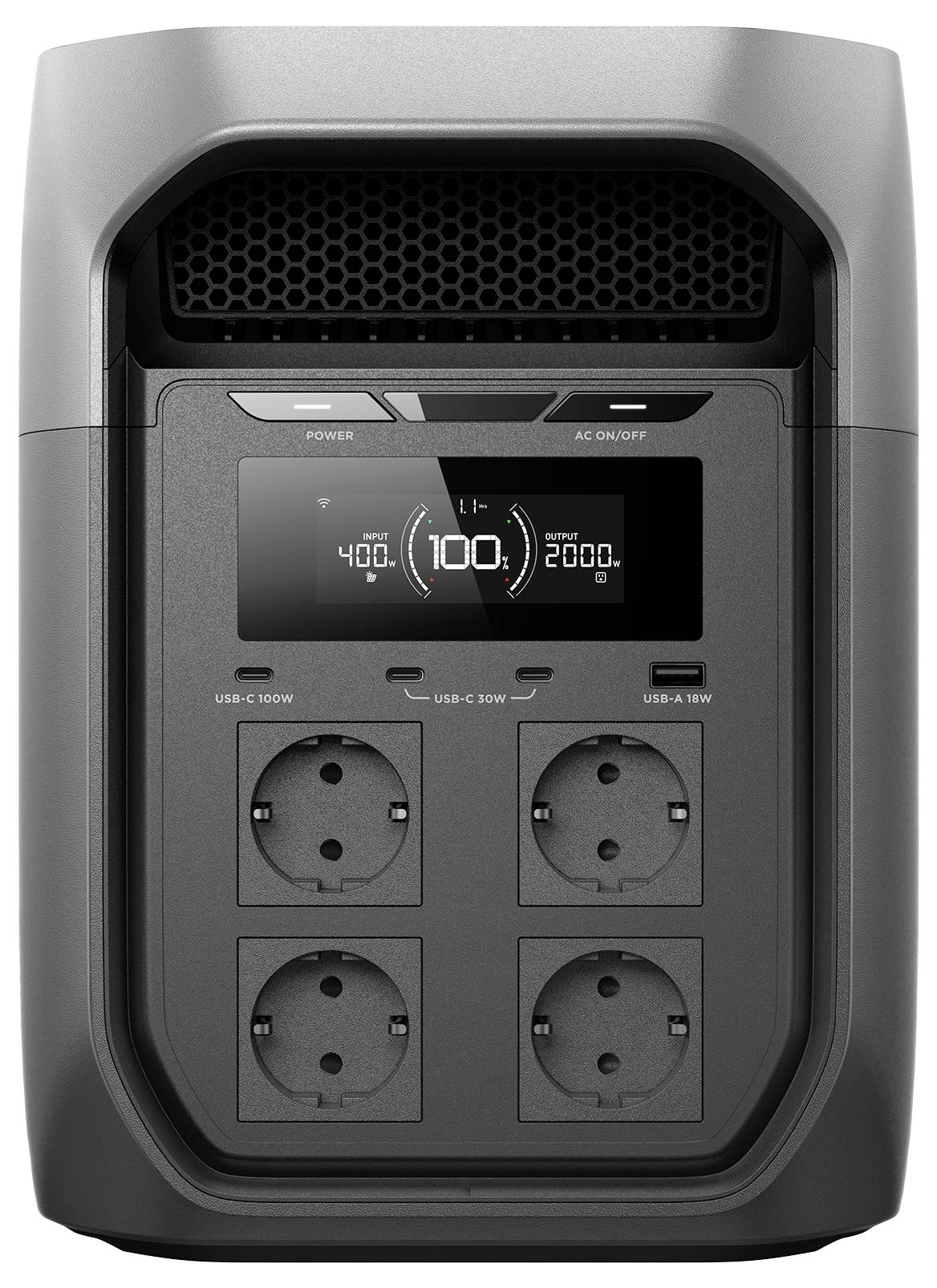 A close-up of a portable power station's front panel, featuring a digital display showing battery status, power buttons, and multiple outlets.