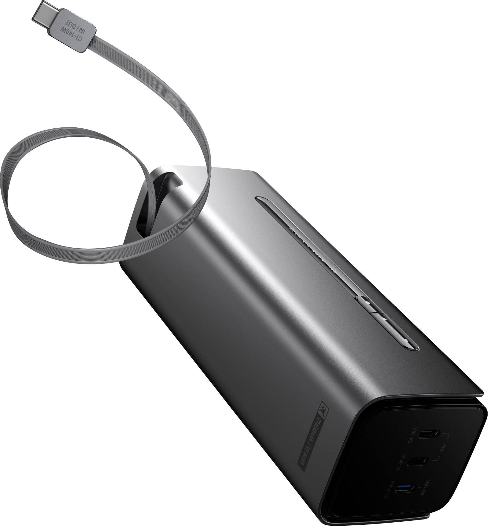 A sleek portable hard drive with a connected USB-C cable, featuring a minimalist black and silver design.