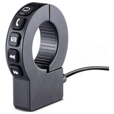 A round, black bluetooth remote control with four buttons for call, camera, and media functions. A cable extends from the side.