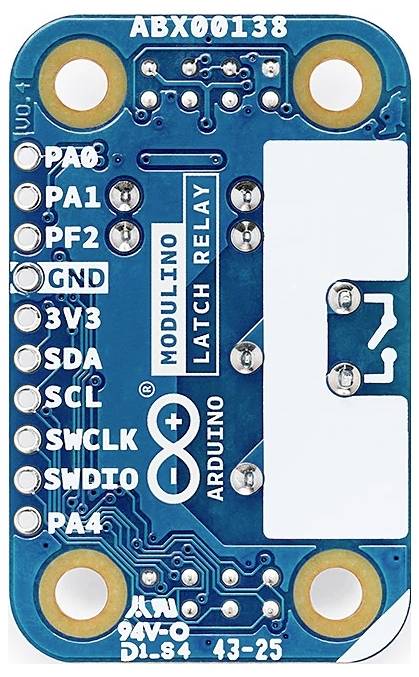 'ABX00138' Arduino Modulo Latch Relay board with labeled pins for PA0, PA1, PF2, GND, 3V3, SDA, SCL, SWCLK, SWDIO, PA4.