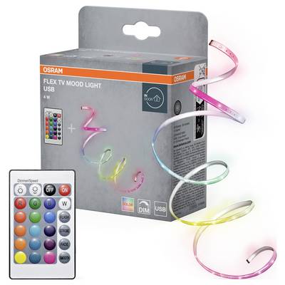 'Osram Flex TV Mood Light USB' packaging with a flexible, multicolored LED strip and a remote control with various color and brightness settings.