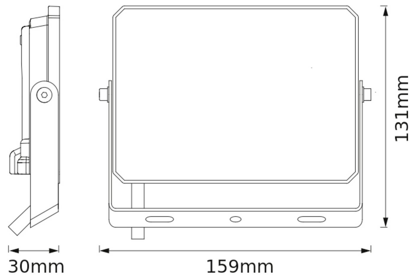 'Technical drawing of a rectangular device with dimensions: 159mm wide, 131mm tall, and 30mm deep from side view.'