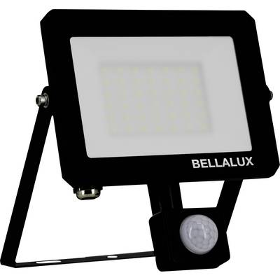 Outdoor floodlight with a motion sensor below the LED panel, displayed at an angle, brand name 'BELLALUX' on casing.