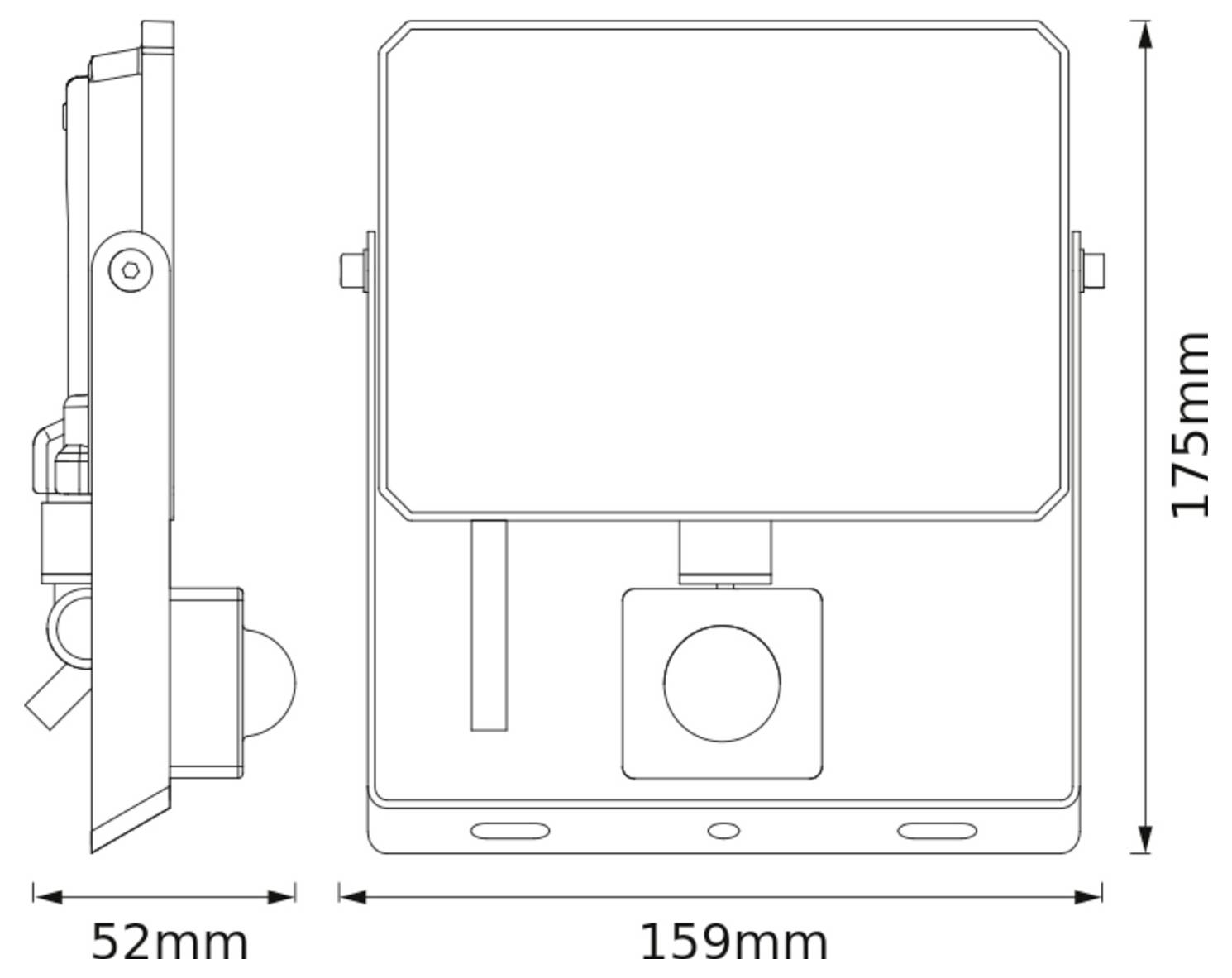 'Diagram of a light fixture with dimensions: height 175mm, width 159mm, depth 52mm. Shows side and front view with mount and sensor.'