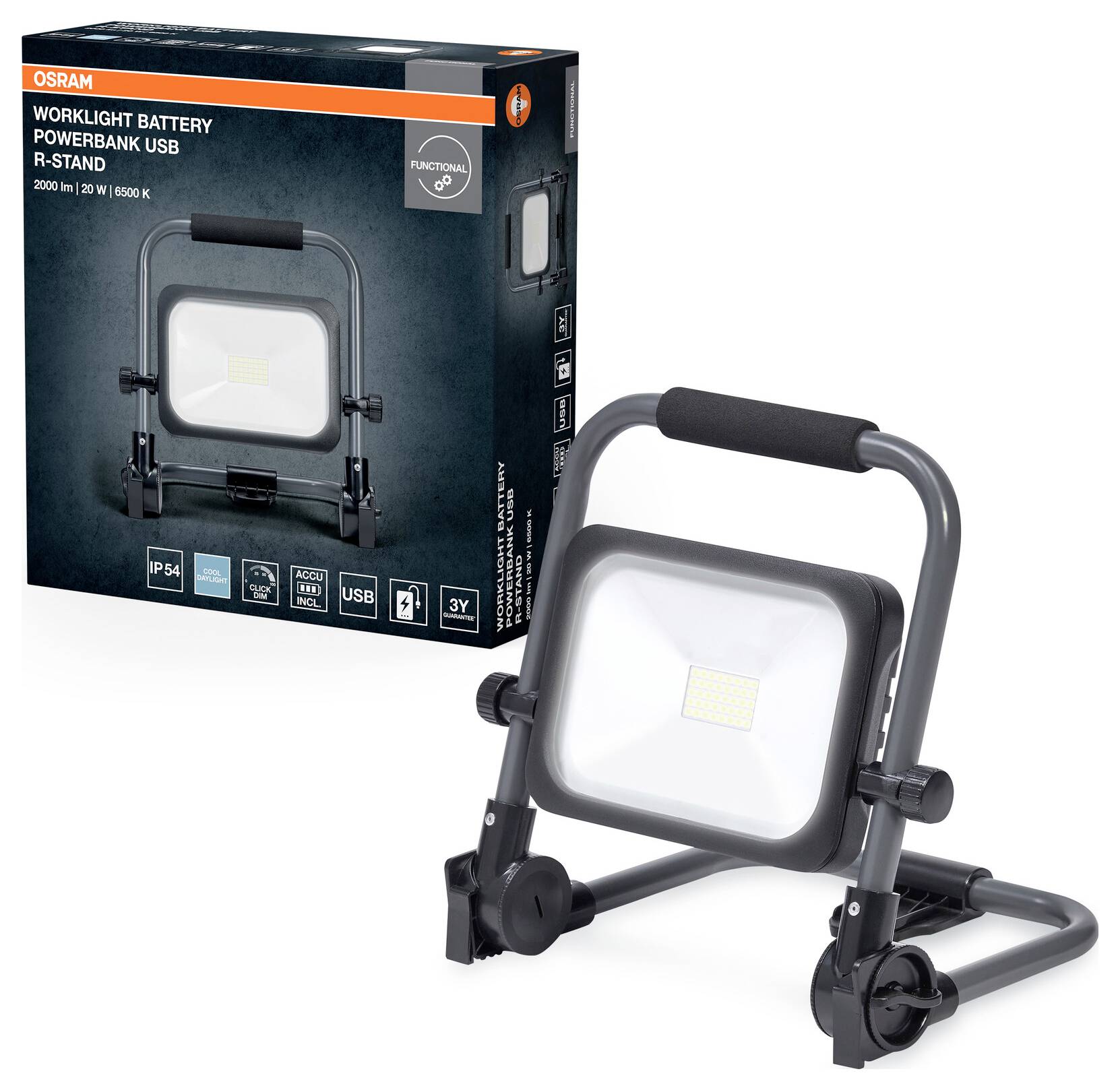A portable worklight with a built-in power bank, USB connectivity, and adjustable stand. Packaging and product shown together.