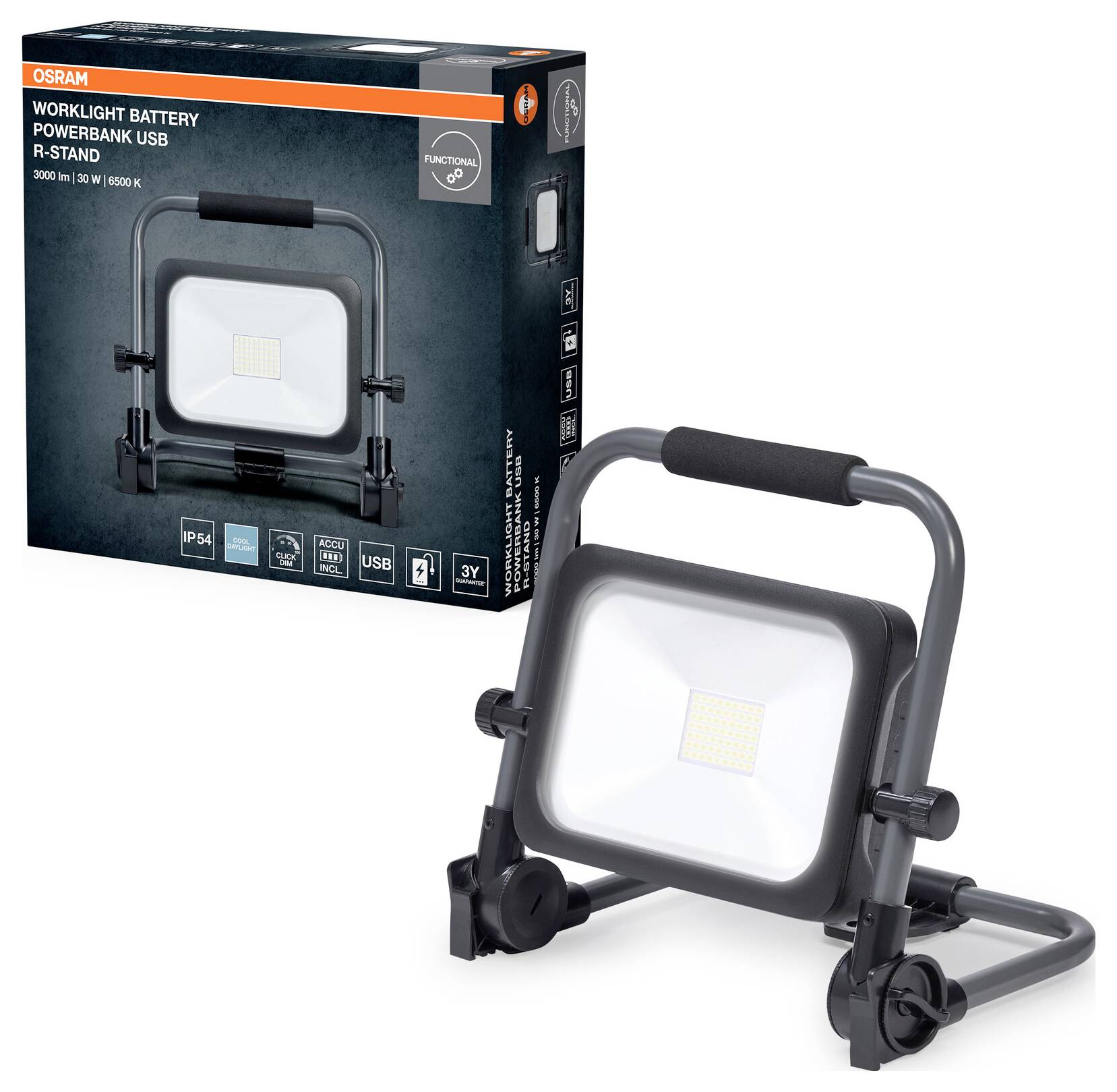 Portable LED floodlight with a handle and adjustable stand in front of its packaging. The box displays 'Worklight Battery Powerbank USB R-Stand'.