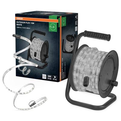 'A product image of Osram Outdoor Flex 15M White LED strip light on a spool with packaging box. Suitable for outdoor use, 15 meters long.'