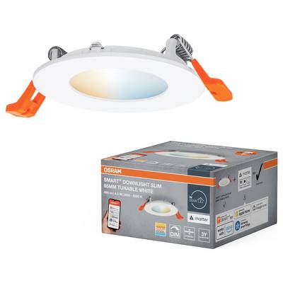 'OSRAM Smart+ Downlight Slim, 85mm, tunable white. Features include dimming, app control compatibility, 3-year warranty, 400 lumens.'