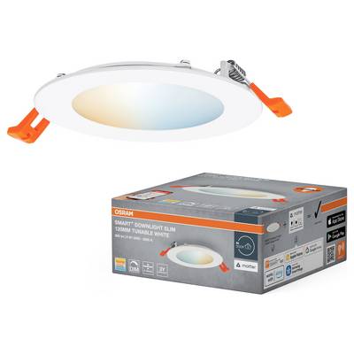 A round, smart LED downlight with tunable white light shown above its packaging. The box highlights features like 120mm size and Matter compatibility.