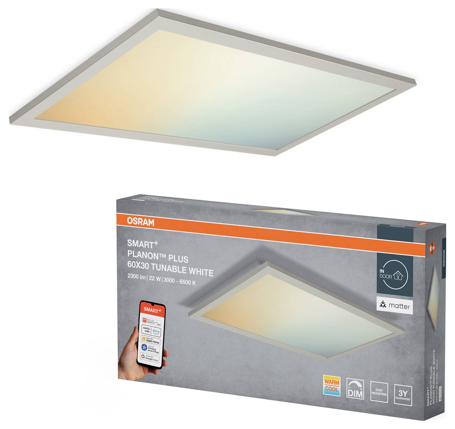 Smart ceiling light panel with adjustable white tones from 'warm' to 'cool', compatible with home automation, includes remote control.