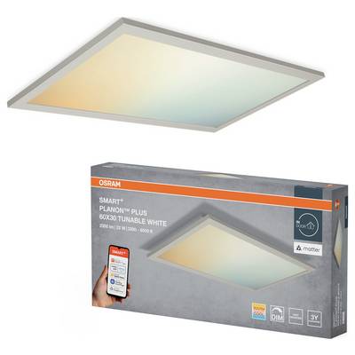 Smart ceiling light panel with adjustable white tones from 'warm' to 'cool', compatible with home automation, includes remote control.