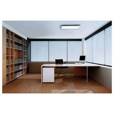 'Modern office with large windows and a wooden floor. Features a desk with a computer, chair, and bookshelves on the left wall.'