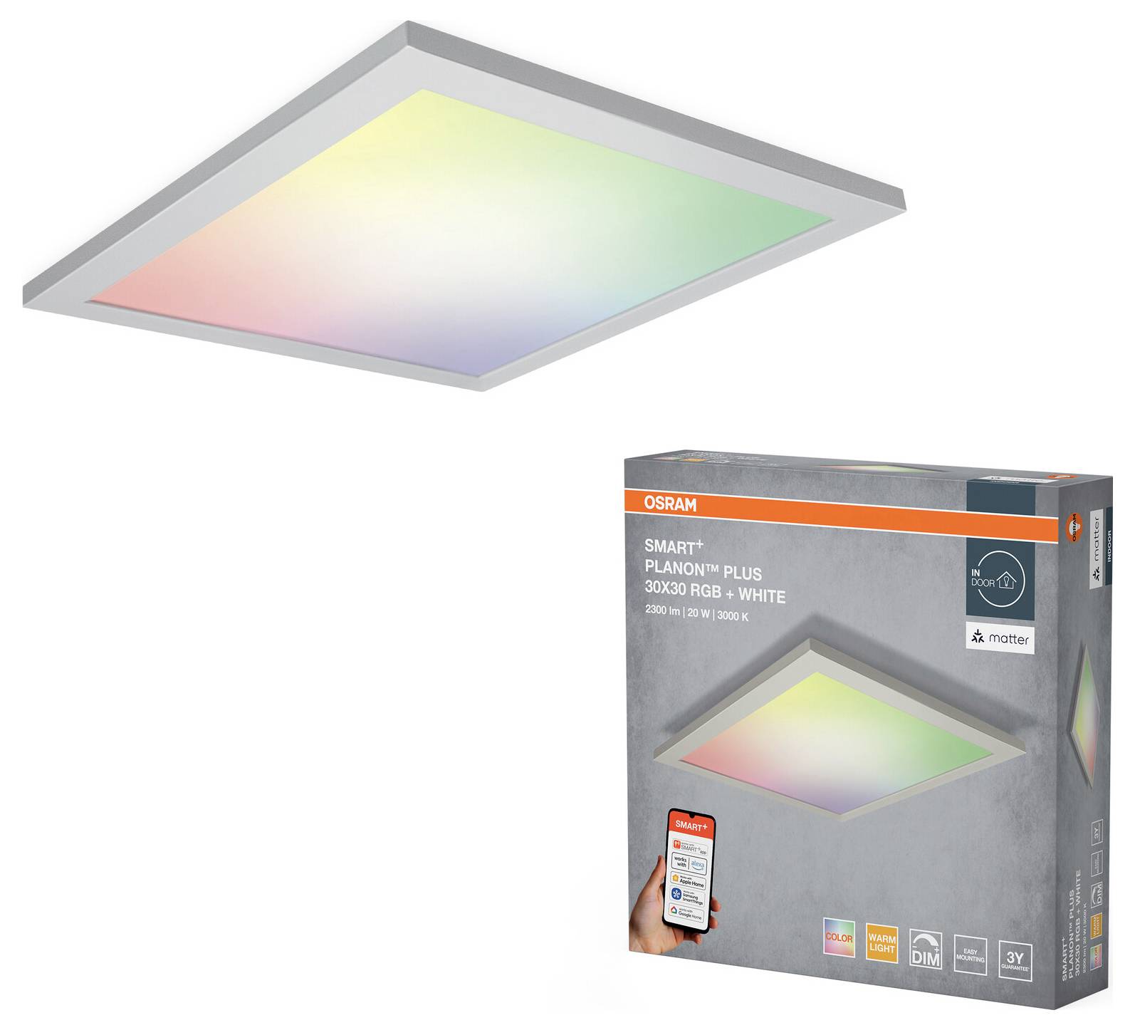 Square LED ceiling light emitting multi-colored light, shown next to its box. Box displays branding and app control feature.