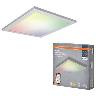 Square LED ceiling light emitting multi-colored light, shown next to its box. Box displays branding and app control feature.