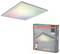 Square LED ceiling light emitting multi-colored light, shown next to its box. Box displays branding and app control feature.
