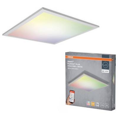 Smart ceiling panel light by OSRAM, showing an app-controlled color settings feature. Packaging highlights connectivity and warranty info.