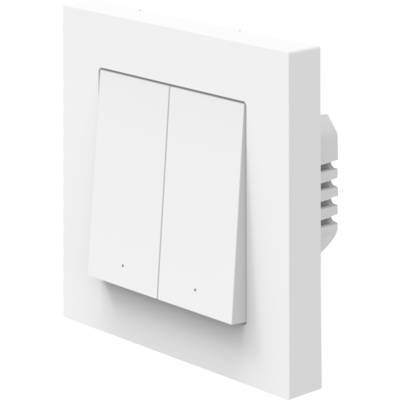 A white, dual-button light switch mounted on a wall, shown in a slightly angled view, highlighting its minimalist design and functionality.