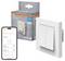 Smart wall switch and packaging next to a smartphone displaying switch controls, illustrating connectivity and smart home integration.