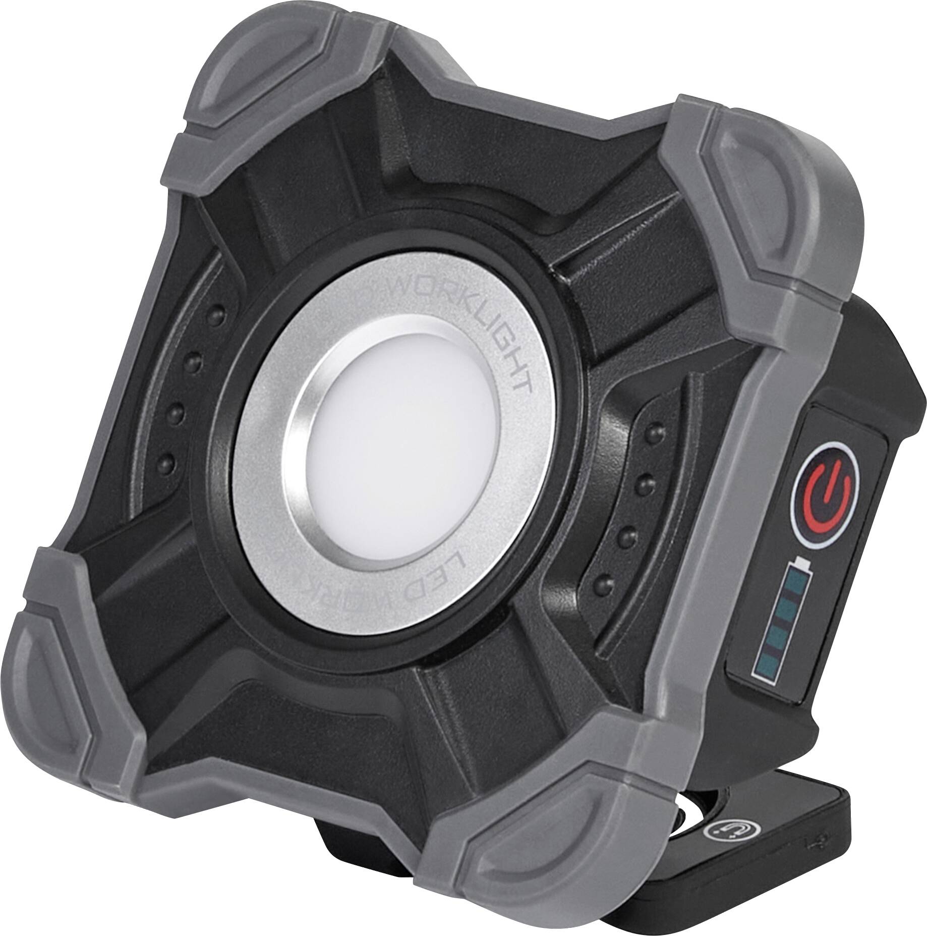 'Black and gray LED work light with a power button and battery indicator on the side.'