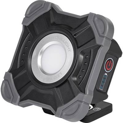 'Black and gray LED work light with a power button and battery indicator on the side.'