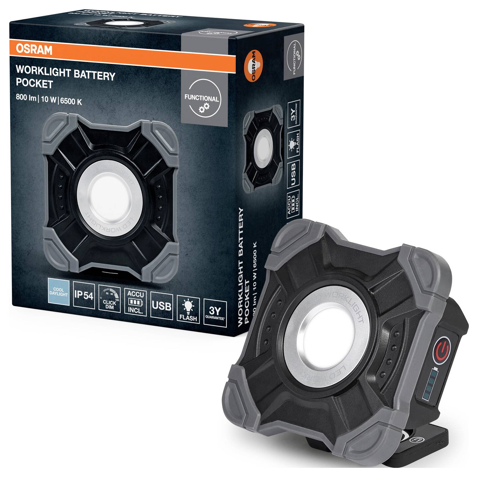 'Osram Worklight Battery Pocket' shown with packaging. Features include 600 lumens, 10W, 6500K color temperature, rechargeable via USB, IP54 water resistance.