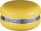 A round, yellow air purifier with a metallic band around its middle, resembling a large macaron.
