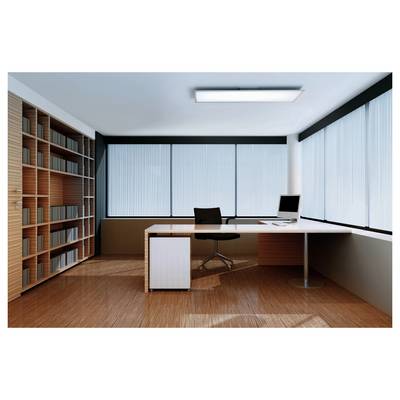 A modern office with a large desk, chair, computer, and wall-to-wall windows. Shelves with books line the left side. Bright and minimalistic.