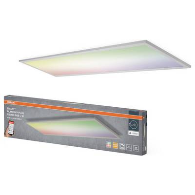 'OSRAM Smart+ Planon Plus 120x30 RGBW' shown in packaging and installed view, featuring a rectangular LED panel with a gradient lighting effect.