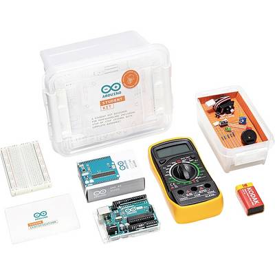 Arduino student kit with multimeter, components, and instructional booklets. Includes Arduino board, breadboard, and electronic parts.