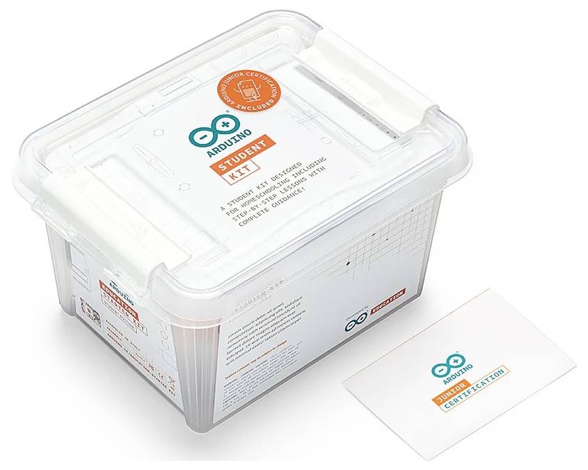 Arduino Student Kit box with Arduino logo and labels, beside a white card. The kit is intended for educational purposes in electronics and programming.
