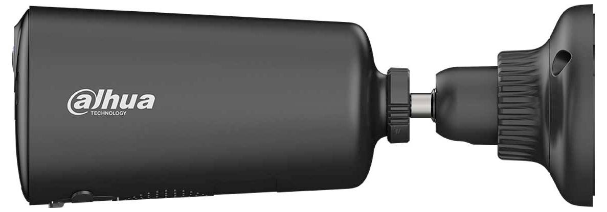 A black security camera with the logo 'Dahua Technology' on its side, shown from a side view, highlighting the design and mount.