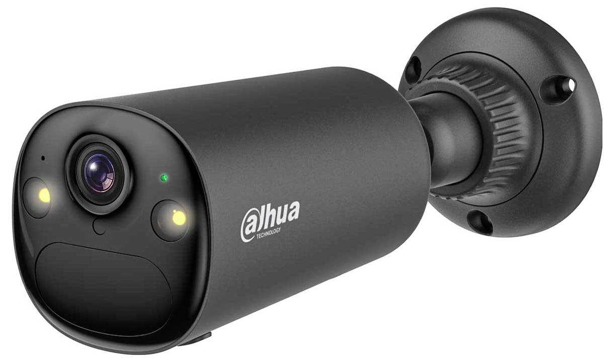 A black security camera with lens and LED lights, mounted on a swivel bracket, showing the brand logo 'Dahua Technology' on the side.