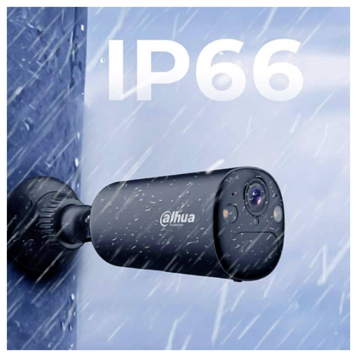 A security camera mounted outdoors in heavy rain with 'IP66' indicating it's weatherproof.