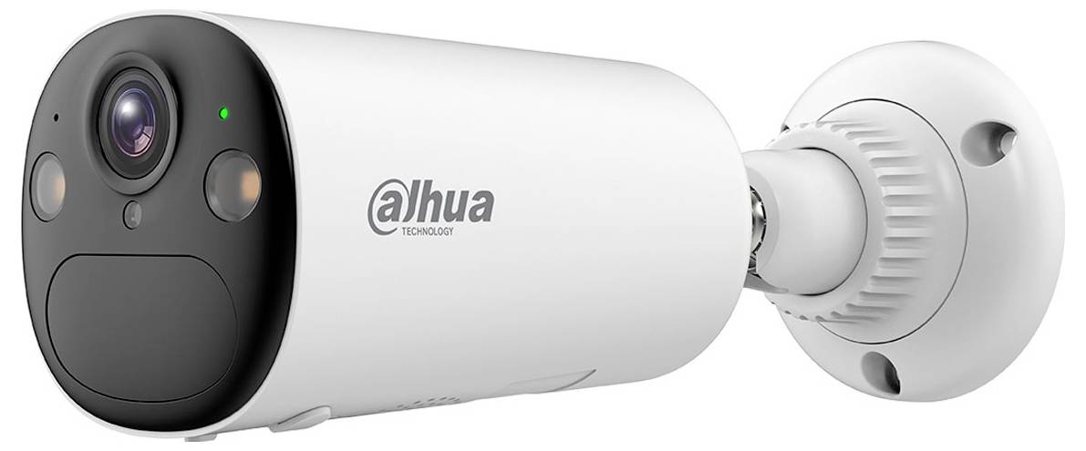 A white security camera mounted on a wall, branded with 'Dahua Technology', featuring a lens and sensors, indicating surveillance use.