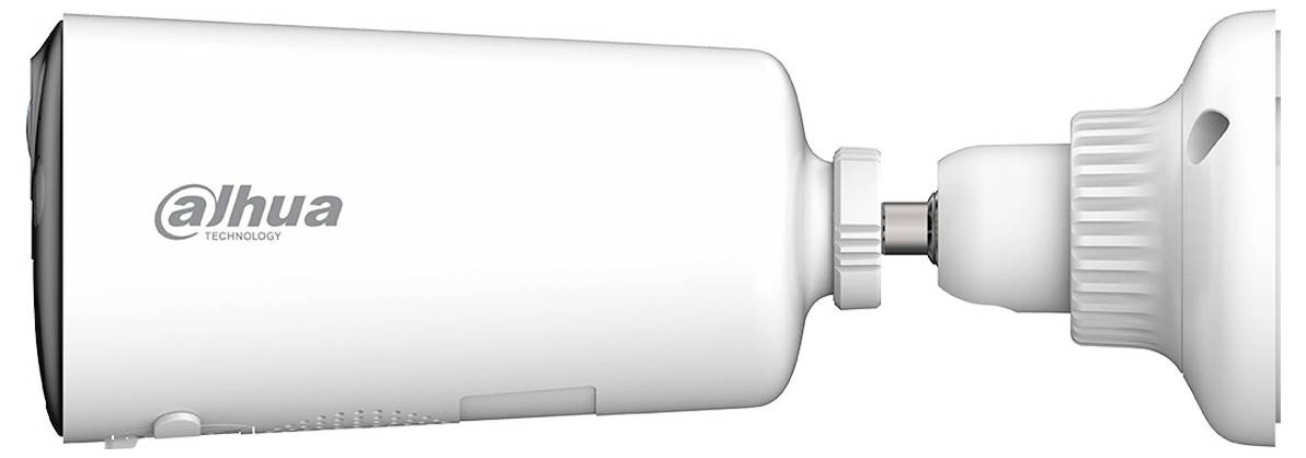 A white security camera mounted on a wall bracket, labeled with 'Dahua Technology'.