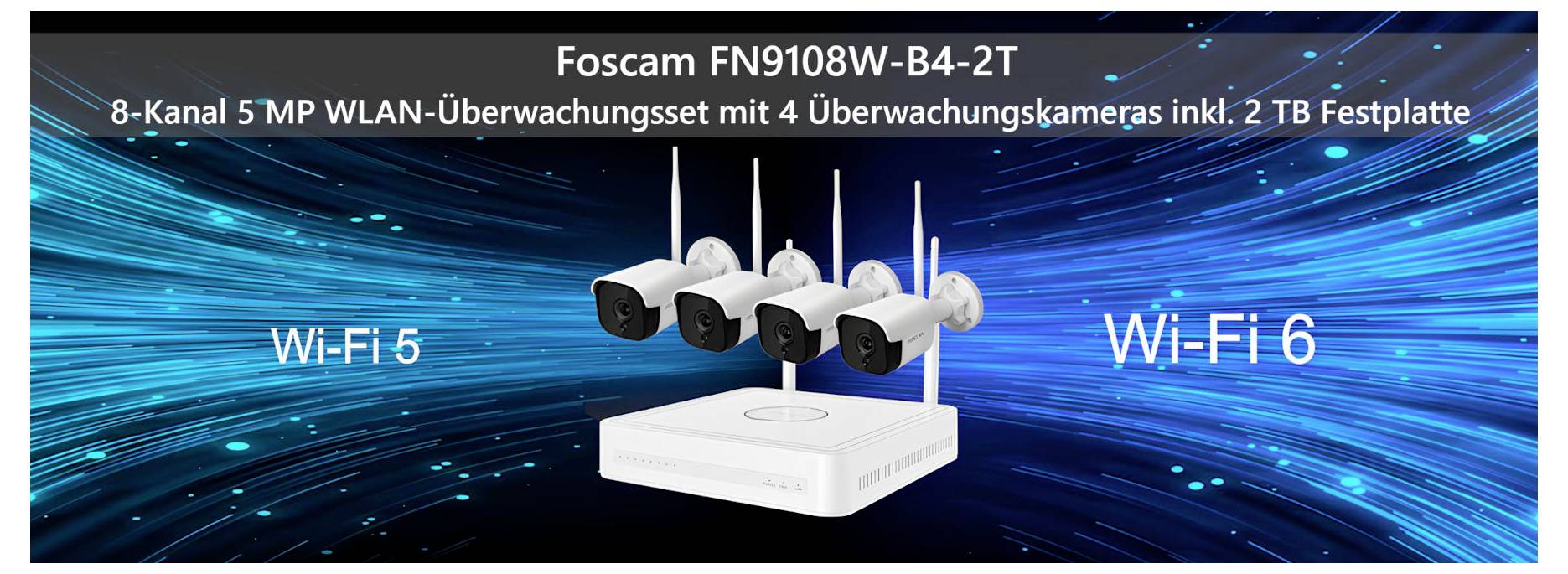 'Foscam FN9108W-B4-2T' Surveillance Kit with 4 Wi-Fi Cameras and 2 TB Hard Drive, compatible with Wi-Fi 5 and Wi-Fi 6.